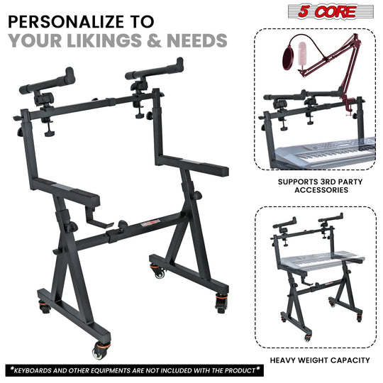 5Core electric piano 2-tier Z style keyboard stand, adjustable riser holder with wheels