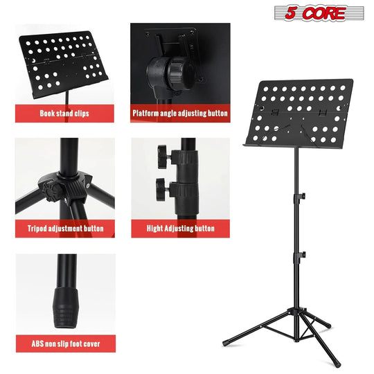 5Core folding black music stand adjustable tripod for performance