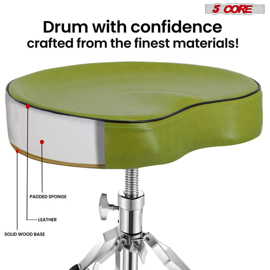 Saddle-shaped 5Core music stool with strong frame and cushioned seat