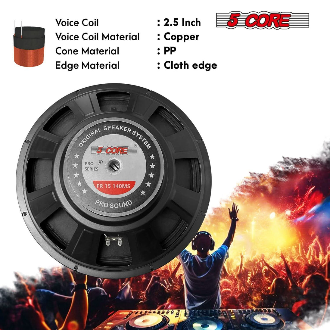 Full-range 15" DJ subwoofer speaker by 5Core, designed for loud environments