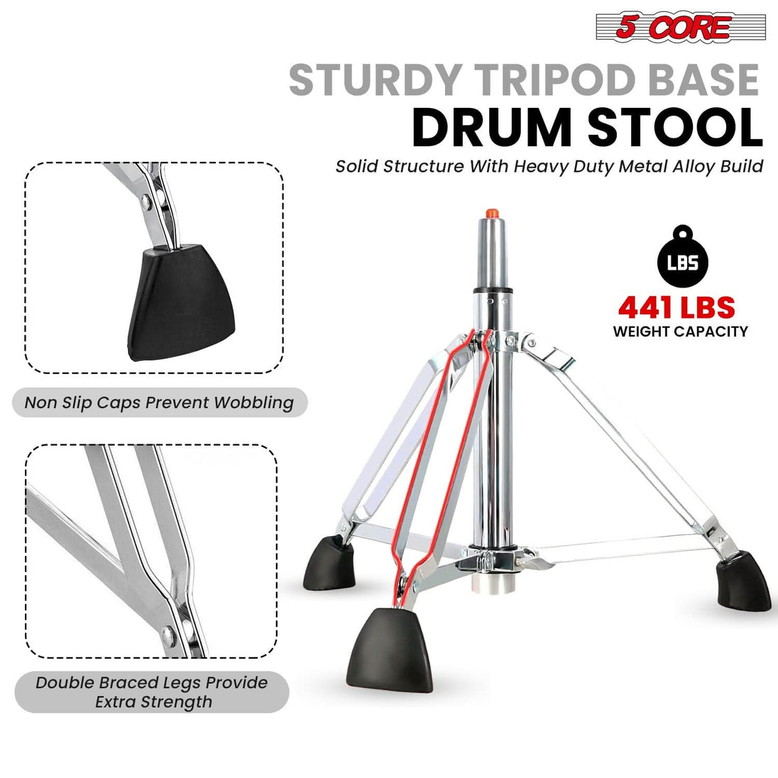 5 Core Drum Throne w Backrest 4" Padded Stool Airlift Adjustable 25.5" Drummer Chair 441Lb Capacity