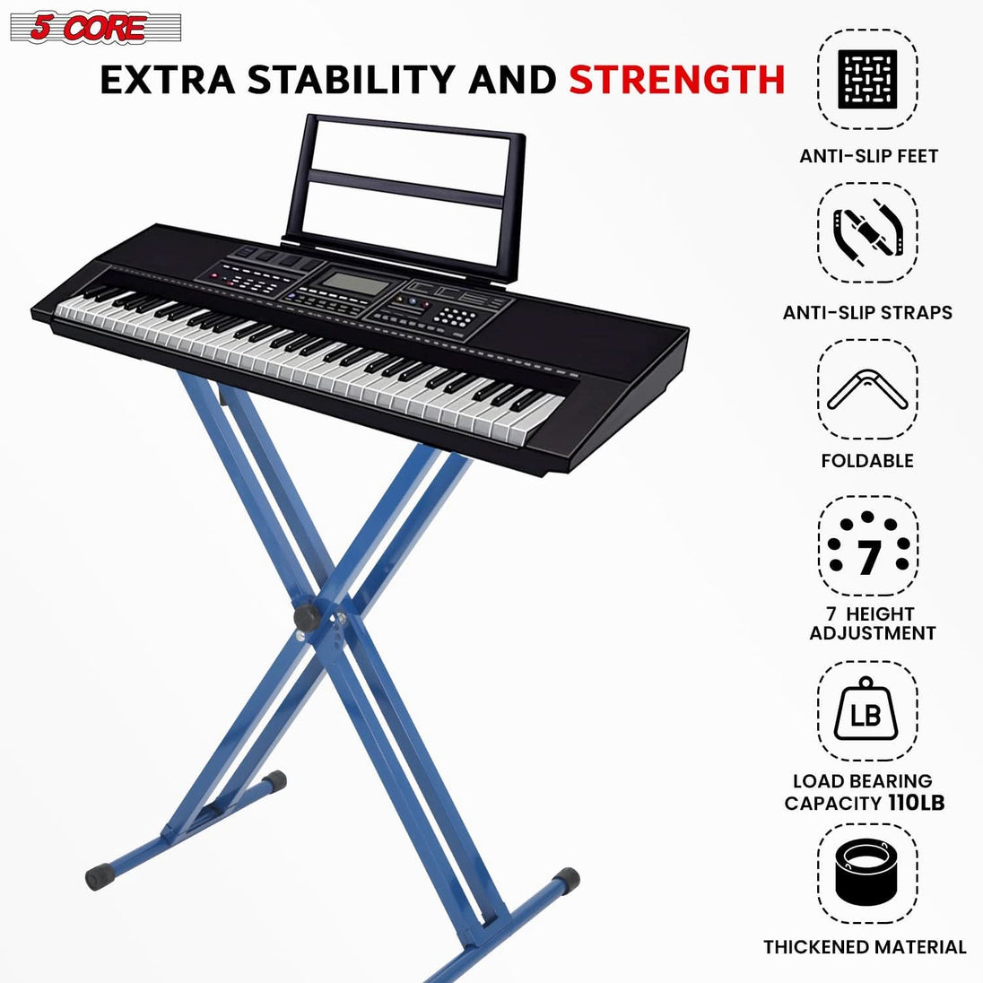 5Core adjustable double X style piano riser BLUE with BLACK bench