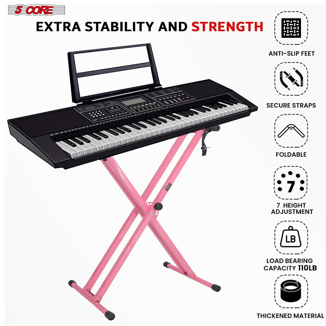 5Core piano stand with bench adjustable double X design PINK