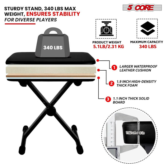 Close-up view of 5Core keyboard stand adjustable z style piano riser black + keyboard piano bench black - 5Core branding