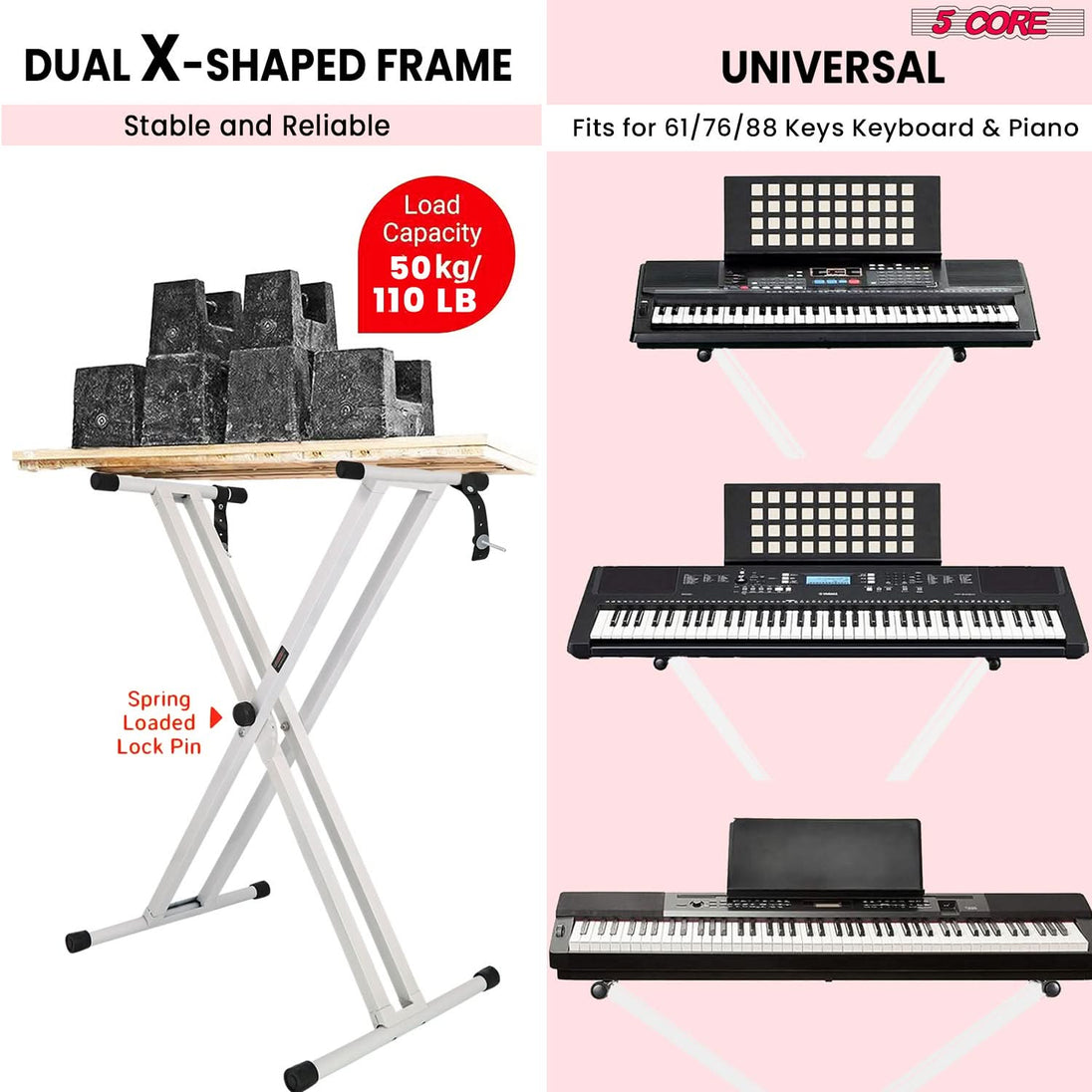 5Core piano stand with bench adjustable double X design WHITE