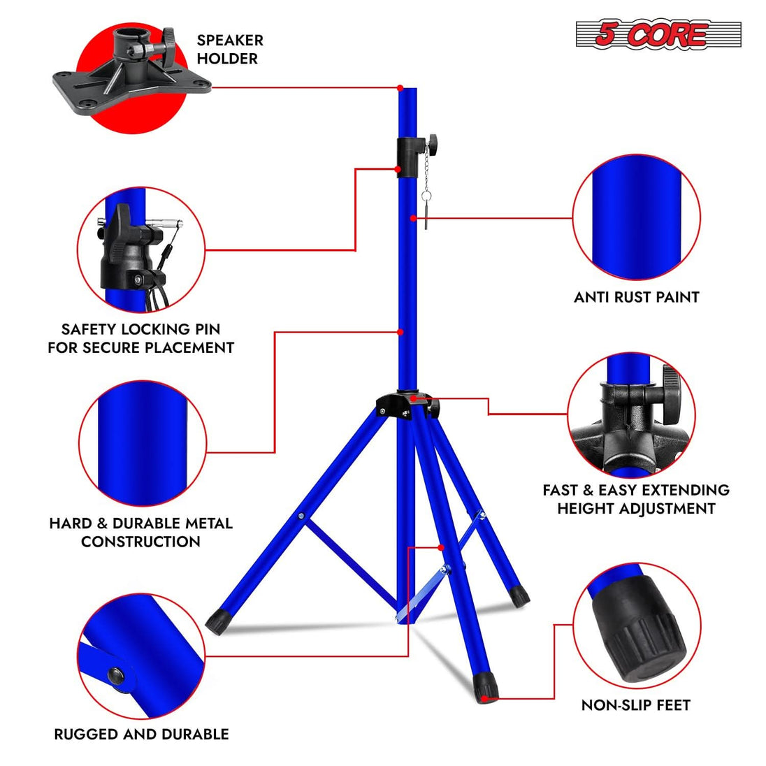 5Core 72 inch blue studio monitor stand with secure tripod legs