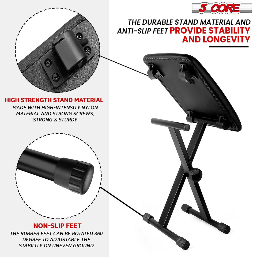 5Core double X style keyboard riser and adjustable piano bench for electric keyboard setup