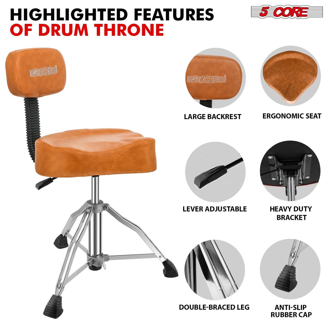 5Core drum throne with backrest and padded seat in brown for kids and adults