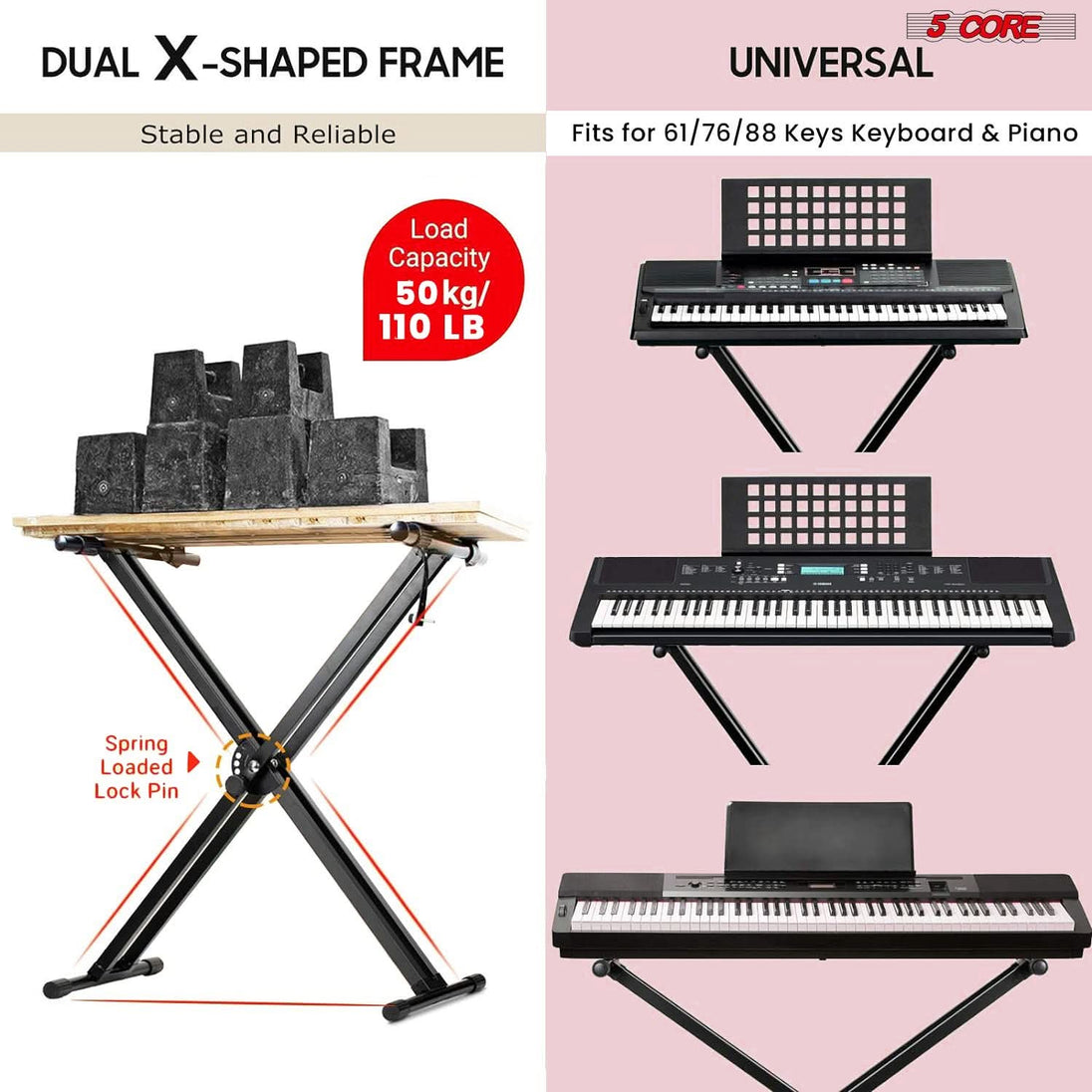 Adjustable 5Core black keyboard stand with double X frame and piano bench for electric pianos