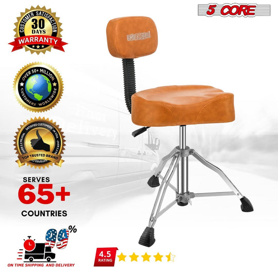 5Core ergonomic brown drum throne with padded seat and backrest for comfortable drumming