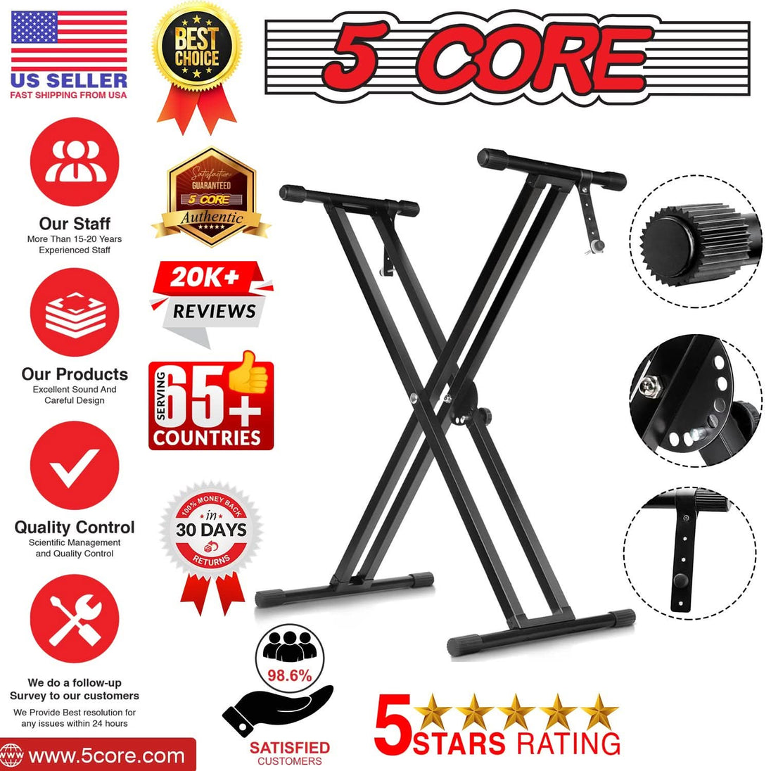 Black Double X Style Adjustable Lift Keyboard Stand Compatible with 49 to 88 Keyboards