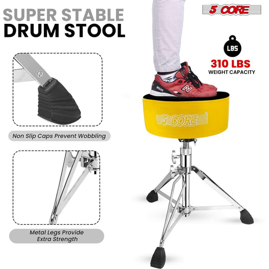 Padded drum throne with heavy duty construction and velvet top