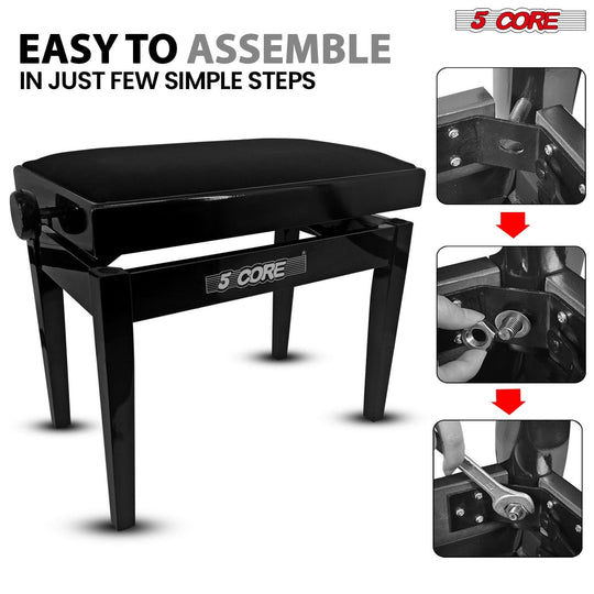 Adjustable height music stool with thick wooden seat for pianists