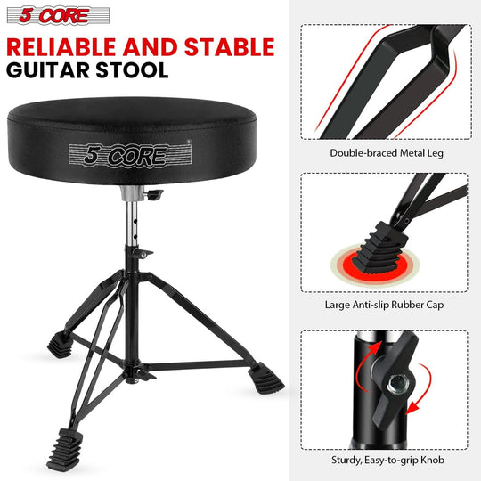 5Core black padded drummer stool, adjustable drum throne, guitar seat for adults and kids