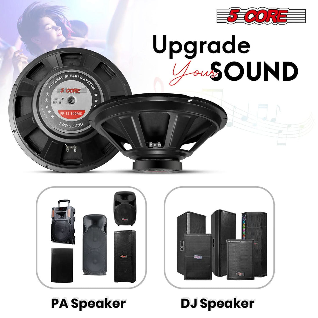 Large 15-inch subwoofer with high power handling for deep, clear bass