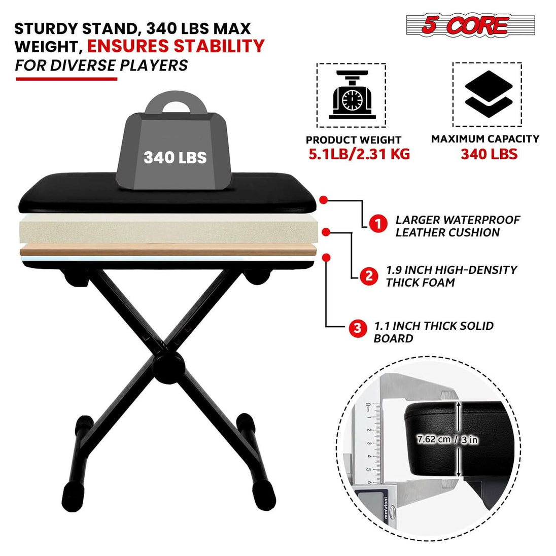 BLUE 5Core adjustable keyboard riser with black bench double X style