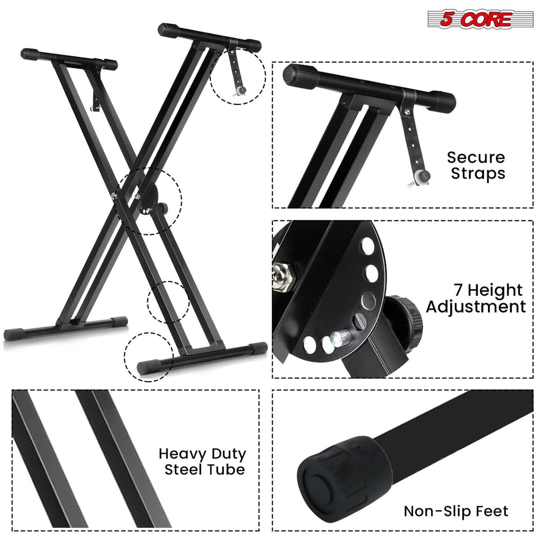Black 5Core adjustable double X style keyboard riser and piano bench for electric pianos