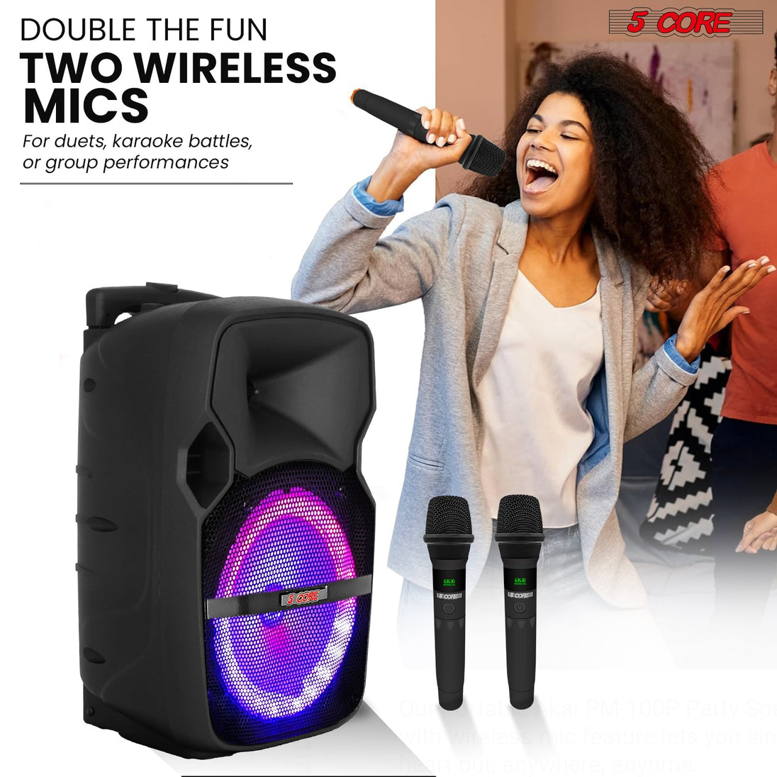 Compact Bluetooth karaoke speaker with 2 wireless mics and boombox design