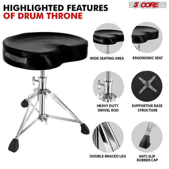 Musician’s black padded saddle stool for guitar and drums by 5Core