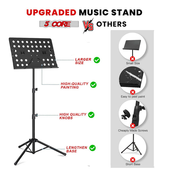 Black tripod music stand folding design for sheet music by 5Core