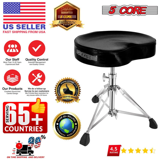 Heavy-duty black saddle style padded drum throne by 5Core for all ages