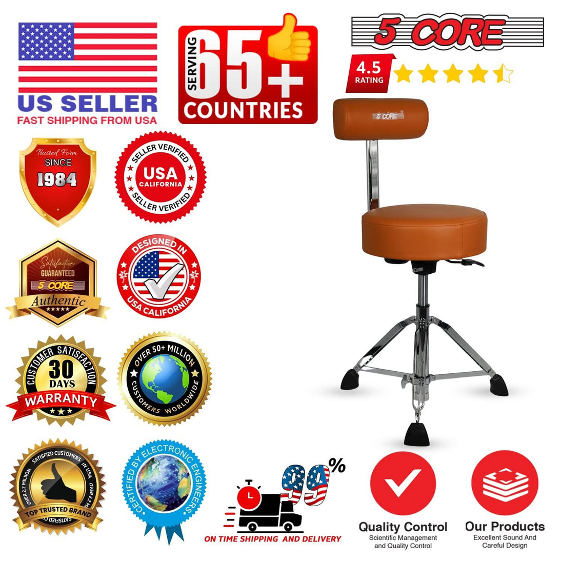 5 Core Drum Throne w Backrest 4" Padded Stool Airlift Adjustable 25.5" Drummer Chair 441Lb Capacity