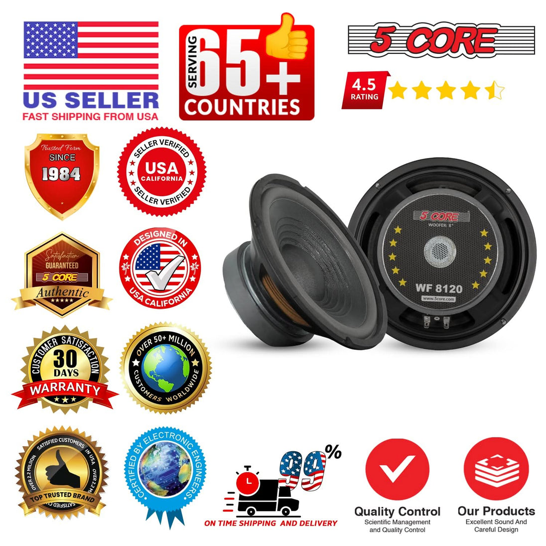 5 Core Car Subwoofer 8" 1000W Pro Audio Deep Bass Component Sub Woofer 4Ohm Replacement Loud Speaker