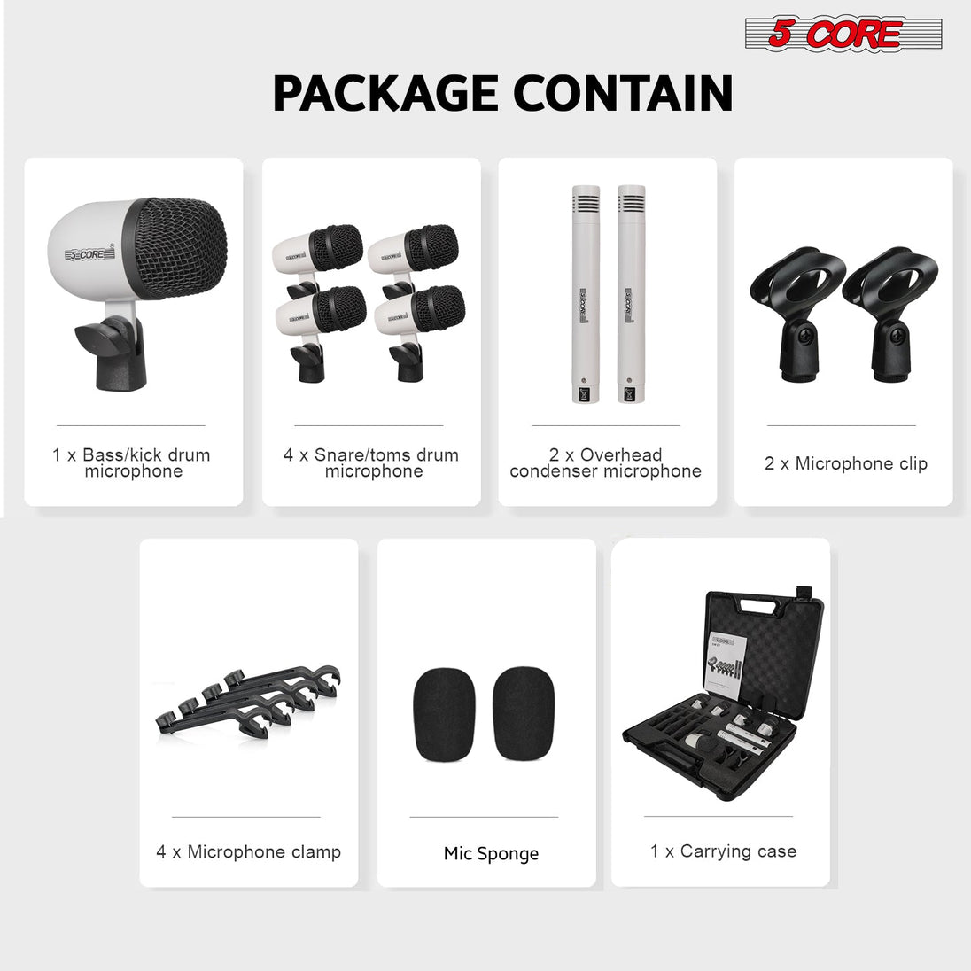 5 Core Drum Microphone Kit 7Pc All Metal Drummer Mics Tom/Snare & Cymbals Wired Instrument Drums Set