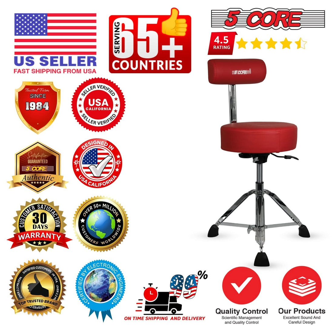 5 Core Drum Throne w Backrest 4" Padded Stool Airlift Adjustable 25.5" Drummer Chair 441Lb Capacity