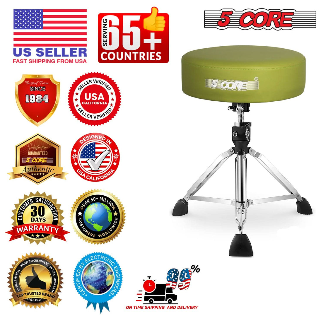 5 Core Drum Throne 4" Thick Padded Guitar Stool 441Lb Capacity 20-26” Adjustable Drummer Chair