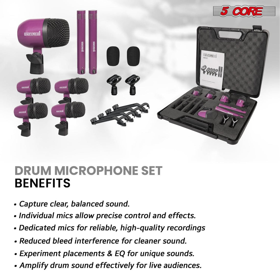5 Core Drum Microphone Kit 7Pc All Metal Drummer Mics Tom/Snare & Cymbals Wired Instrument Drums Set