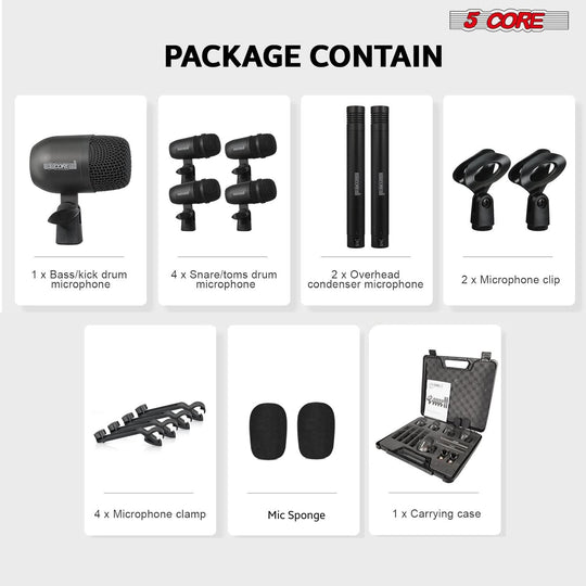 5 Core Drum Microphone Kit 7Pc All Metal Drummer Mics Tom/Snare & Cymbals Wired Instrument Drums Set