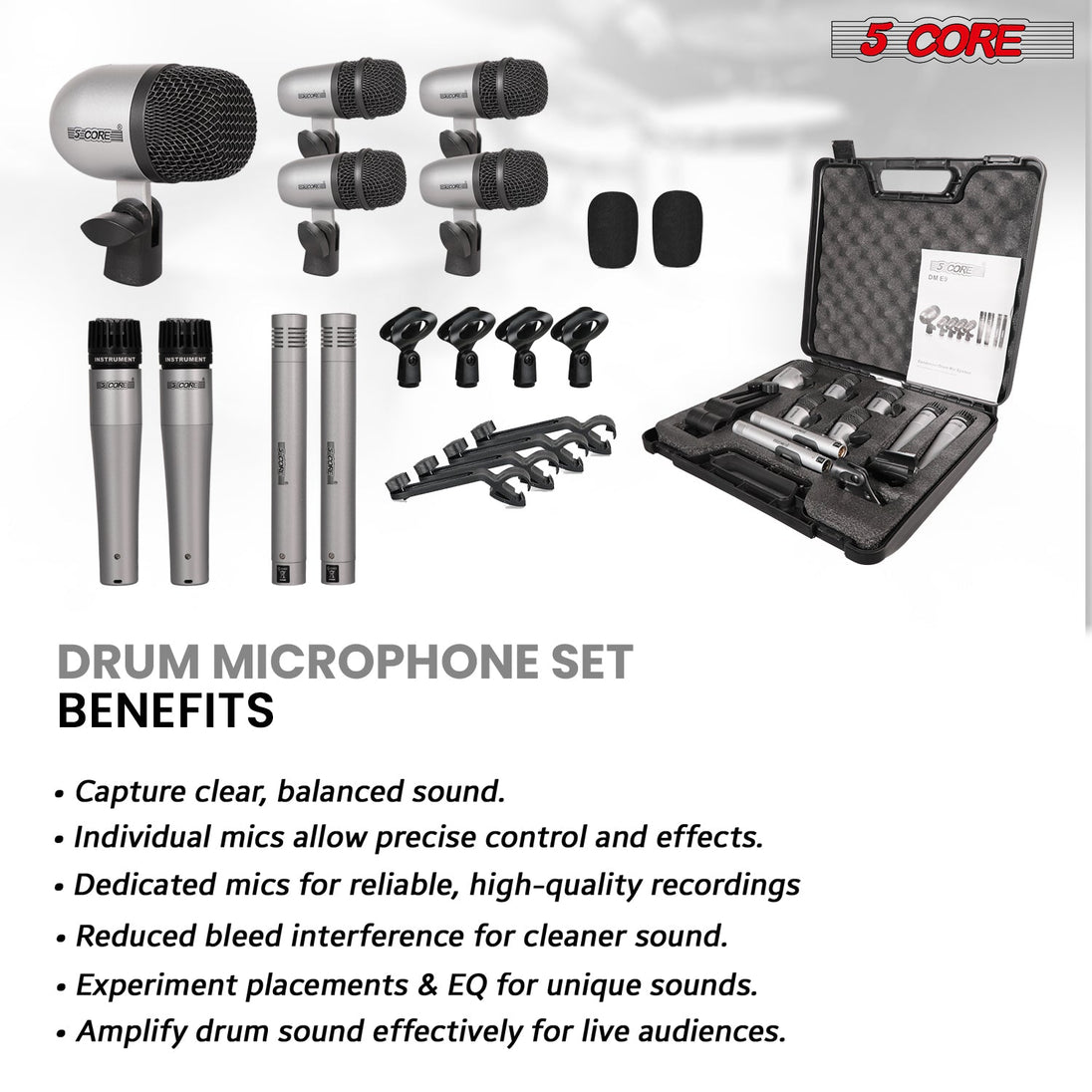 5 Core Drum Microphone Kit 9Pc All Metal Drummer Mics Tom/Snare & Cymbals Wired Instrument Drums Set