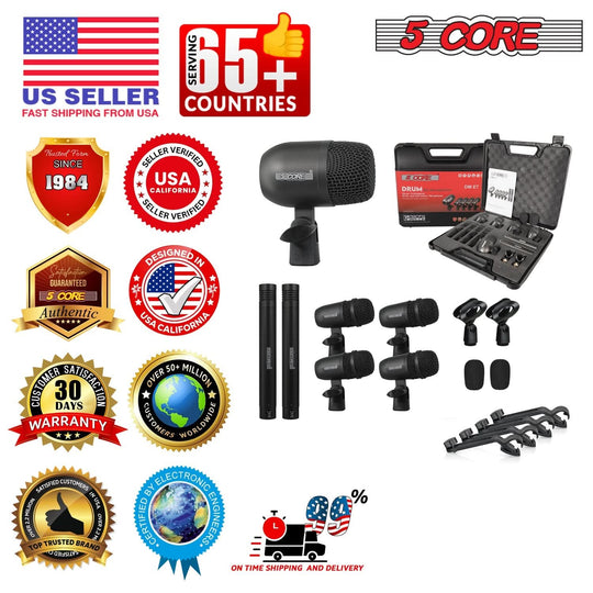 5 Core Drum Microphone Kit 7Pc All Metal Drummer Mics Tom/Snare & Cymbals Wired Instrument Drums Set