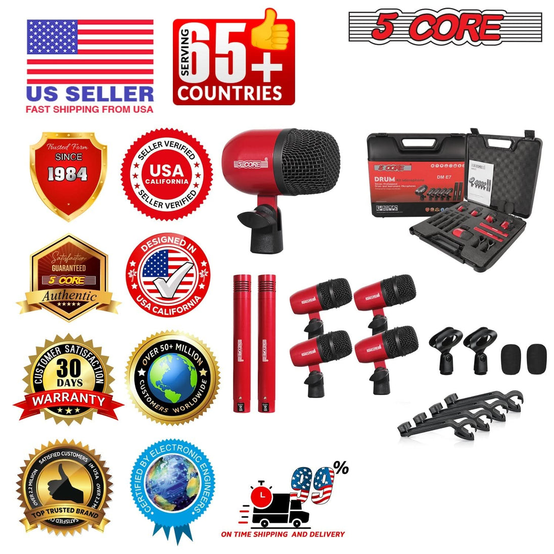 5 Core Drum Microphone Kit 7Pc All Metal Drummer Mics Tom/Snare & Cymbals Wired Instrument Drums Set