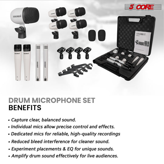5 Core Drum Microphone Kit 9Pc All Metal Drummer Mics Tom/Snare & Cymbals Wired Instrument Drums Set