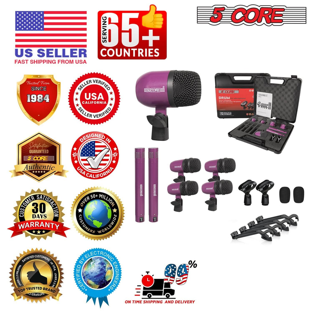 5 Core Drum Microphone Kit 7Pc All Metal Drummer Mics Tom/Snare & Cymbals Wired Instrument Drums Set