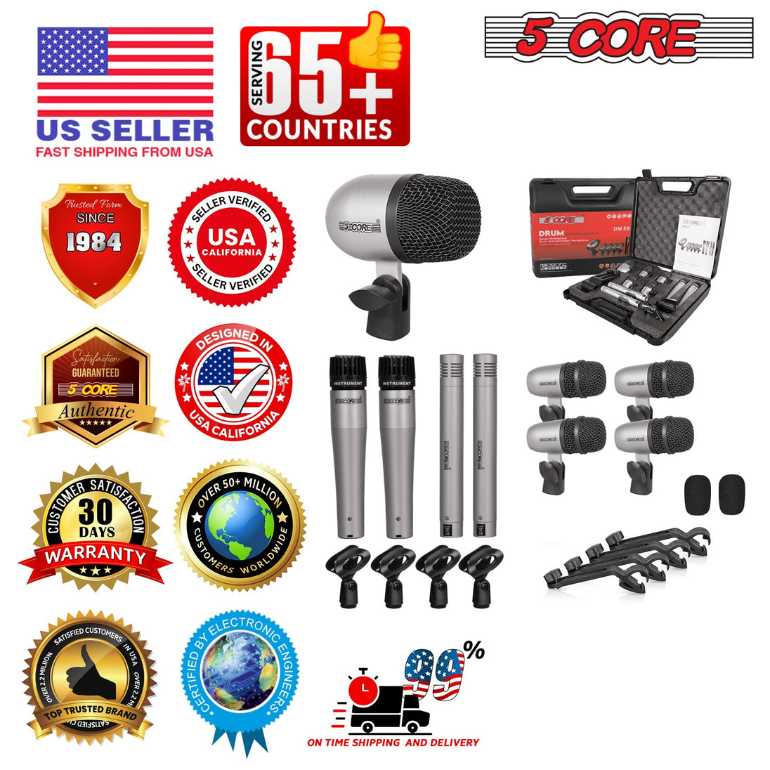 5 Core Drum Microphone Kit 9Pc All Metal Drummer Mics Tom/Snare & Cymbals Wired Instrument Drums Set