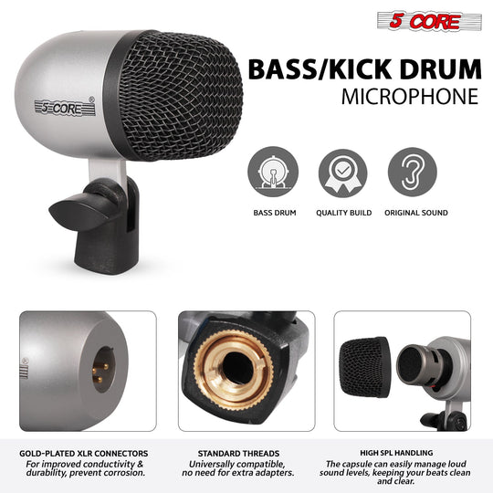 5 Core Drum Microphone Kit 9Pc All Metal Drummer Mics Tom/Snare & Cymbals Wired Instrument Drums Set