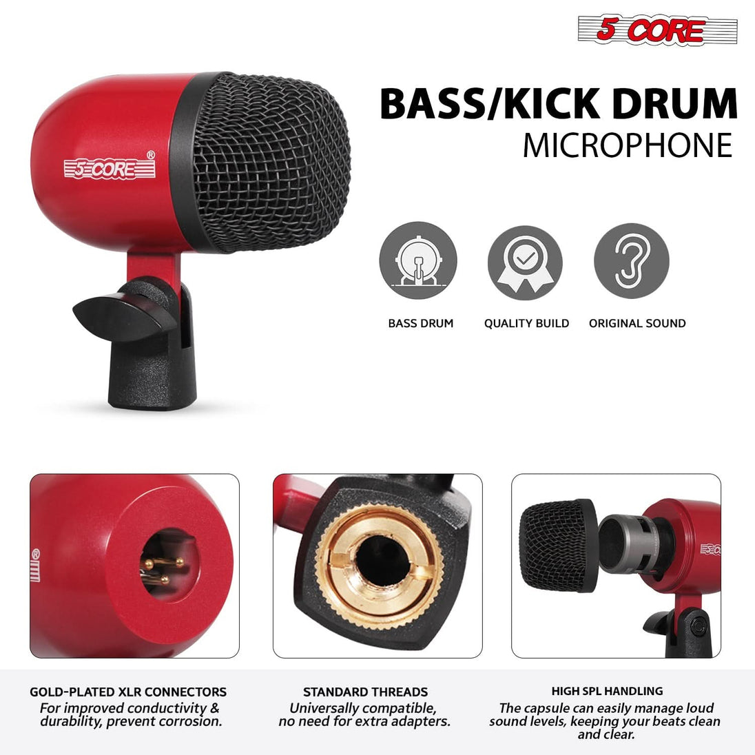 5 Core Drum Microphone Kit 7Pc All Metal Drummer Mics Tom/Snare & Cymbals Wired Instrument Drums Set