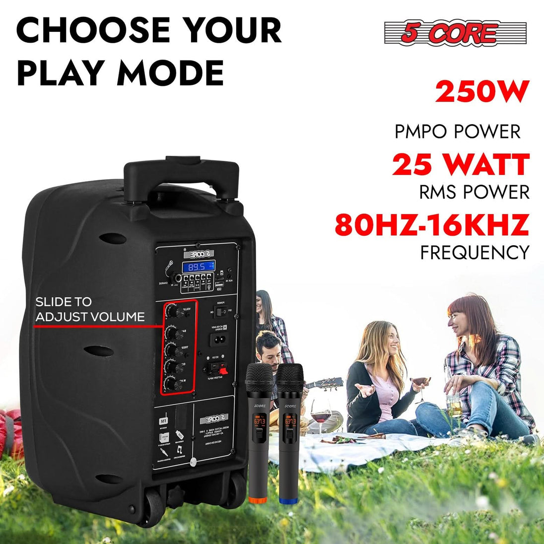 Wireless 5Core PA boombox with dual microphones for karaoke fun