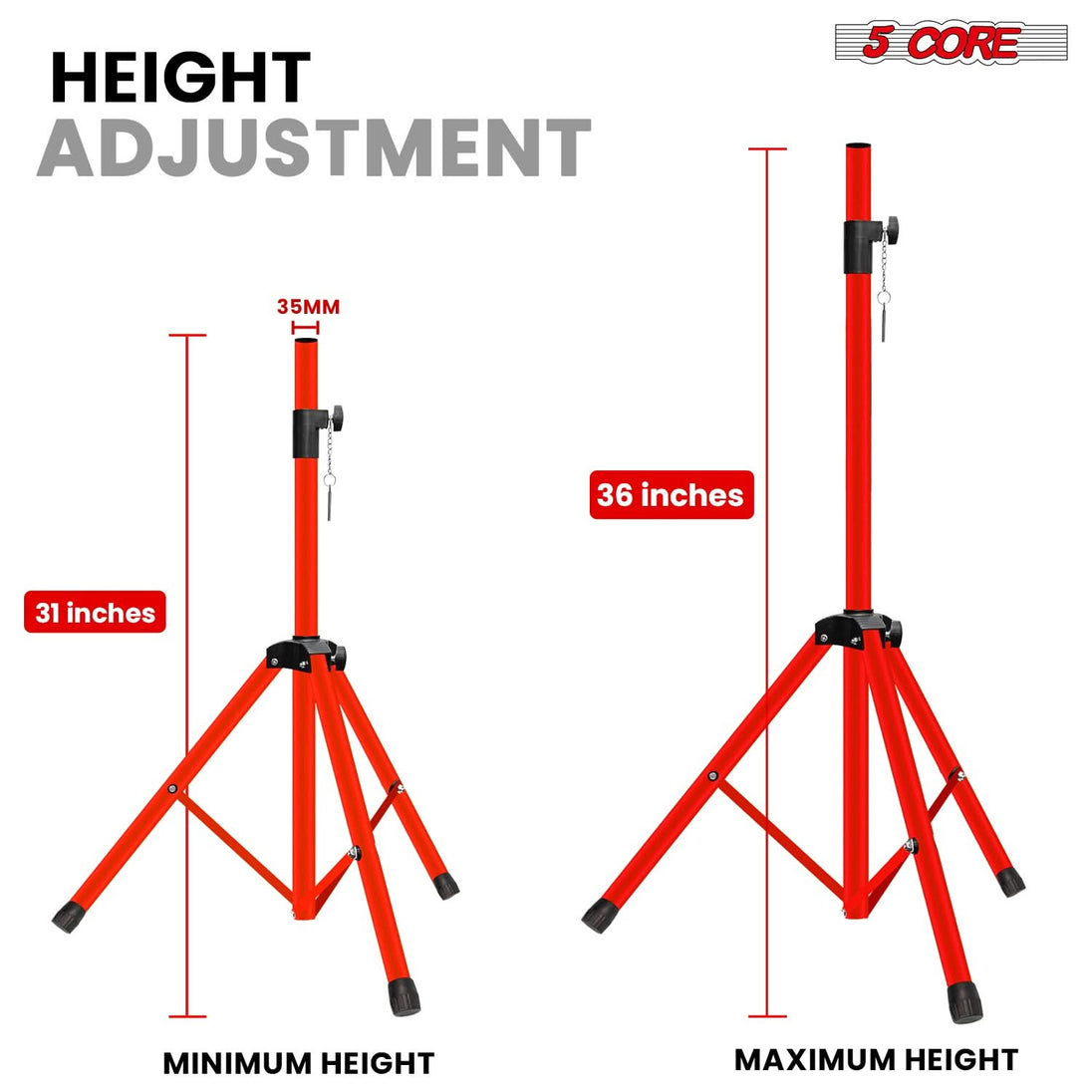 5 Core Speaker Stand 2Pc Adjustable 31 to 36" PA DJ Tripod Stands Heavy Duty w 35mm Pole 132Lb w Bag