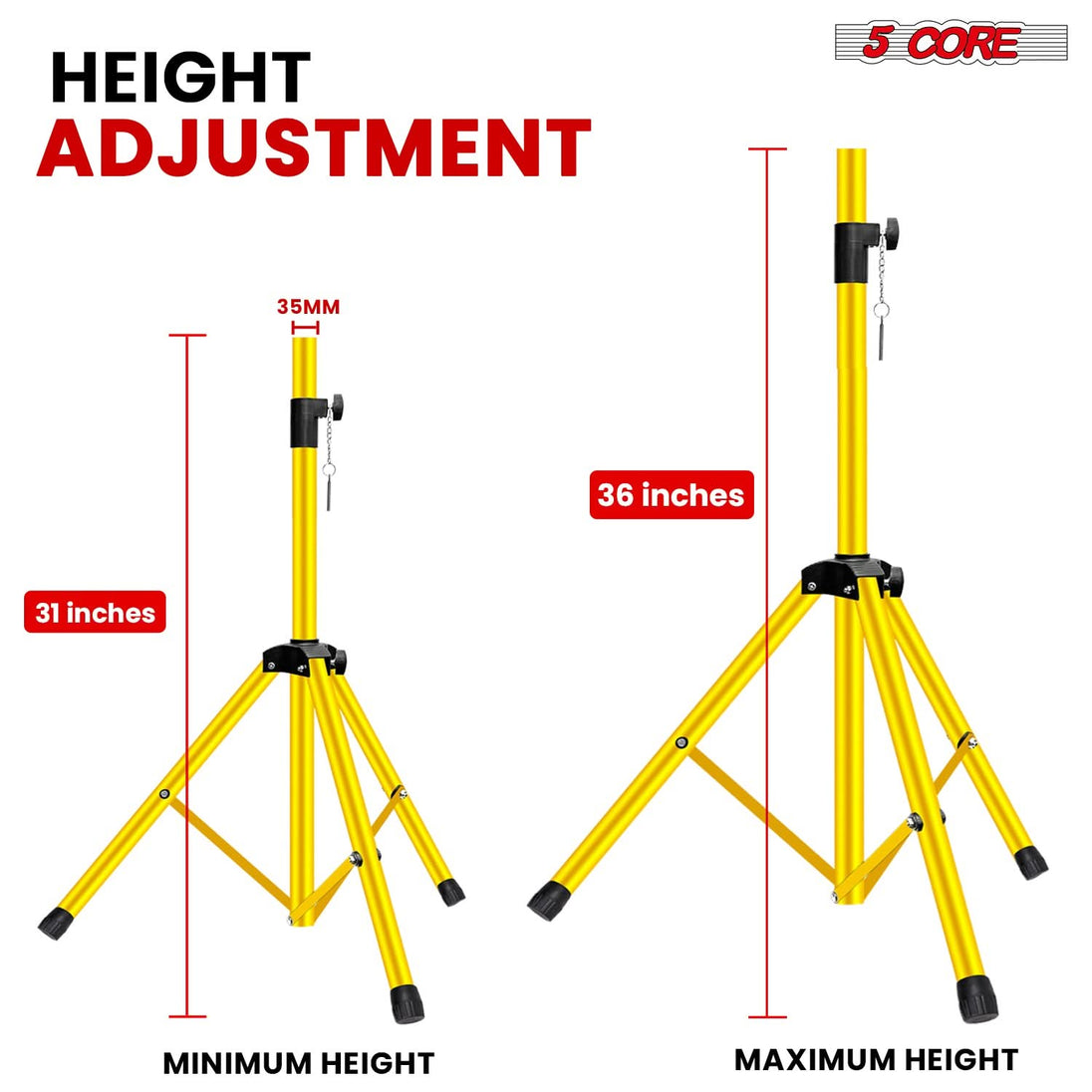 5 Core Speaker Stand Adjustable 31 to 36" PA DJ Tripod Stands Heavy Duty w 35mm Insert 132 Lbs