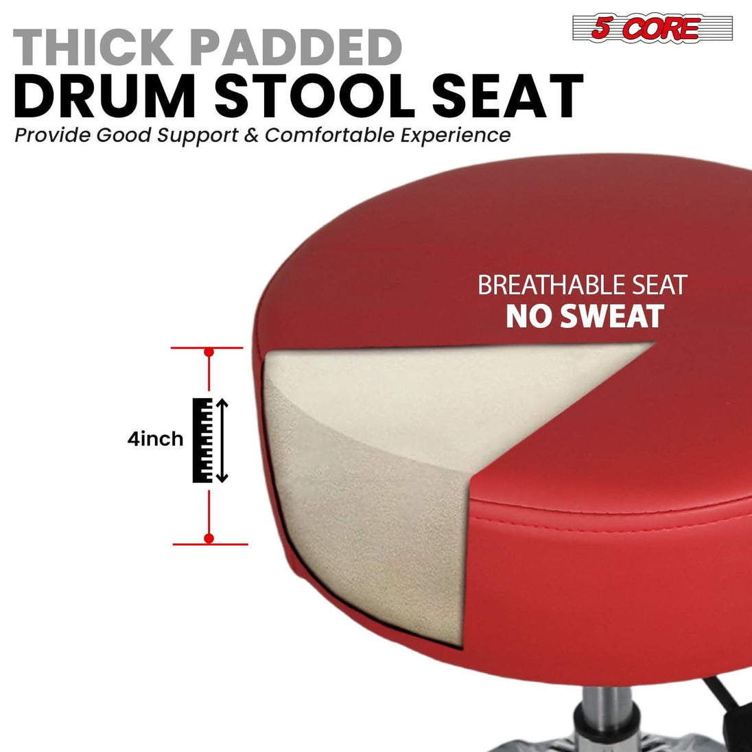 5 Core Drum Throne w Backrest 4" Padded Stool Airlift Adjustable 25.5" Drummer Chair 441Lb Capacity