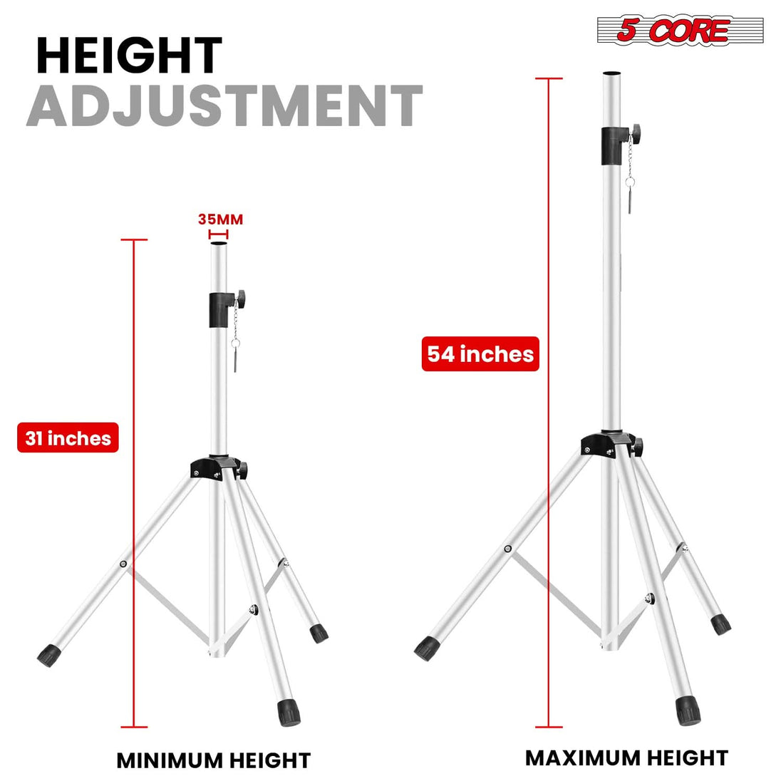 5 Core Speaker Stand Adjustable 31 to 54" PA DJ Tripod Stands Heavy Duty w 35mm Insert 132 Lbs