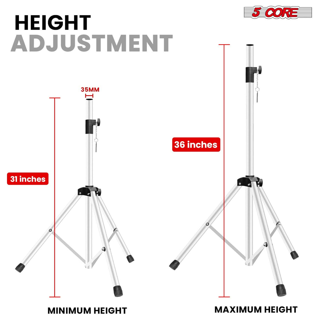 5 Core Speaker Stand Adjustable 31 to 36" PA DJ Tripod Stands Heavy Duty w 35mm Insert 132 Lbs