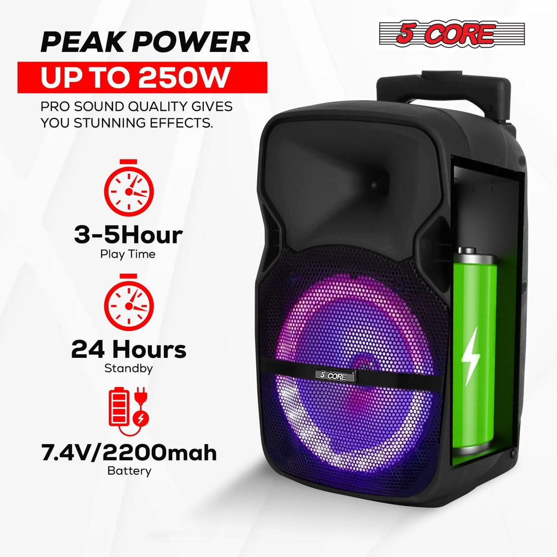 Front view of 5Core Bluetooth speaker with LED lights and mic inputs