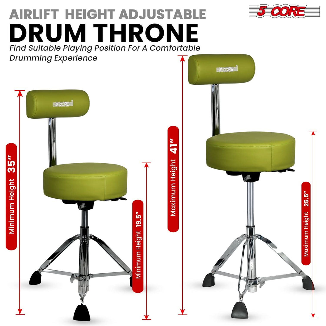 5 Core Drum Throne w Backrest 4" Padded Stool Airlift Adjustable 25.5" Drummer Chair 441Lb Capacity