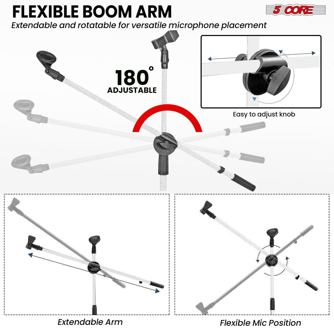5 Core Mic Stand 2Pcs Floor Height Adjustable Tripod Microphone Stands w Telescoping Boom Arm
