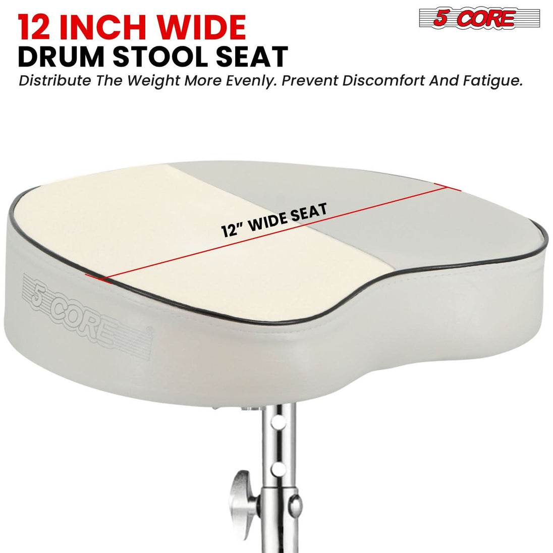 Close-up view of 5Core drum throne padded guitar stool saddle drummer seat for adults & kids - 5Core branding